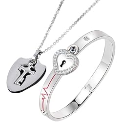 Pulseras Para Parejas Candado Y Llave VAcsax Juego de pulsera con candado y collar con llave,joyería para parejas de acero de titanio,regalos para el día de San Valentín (acero,Talla única)
