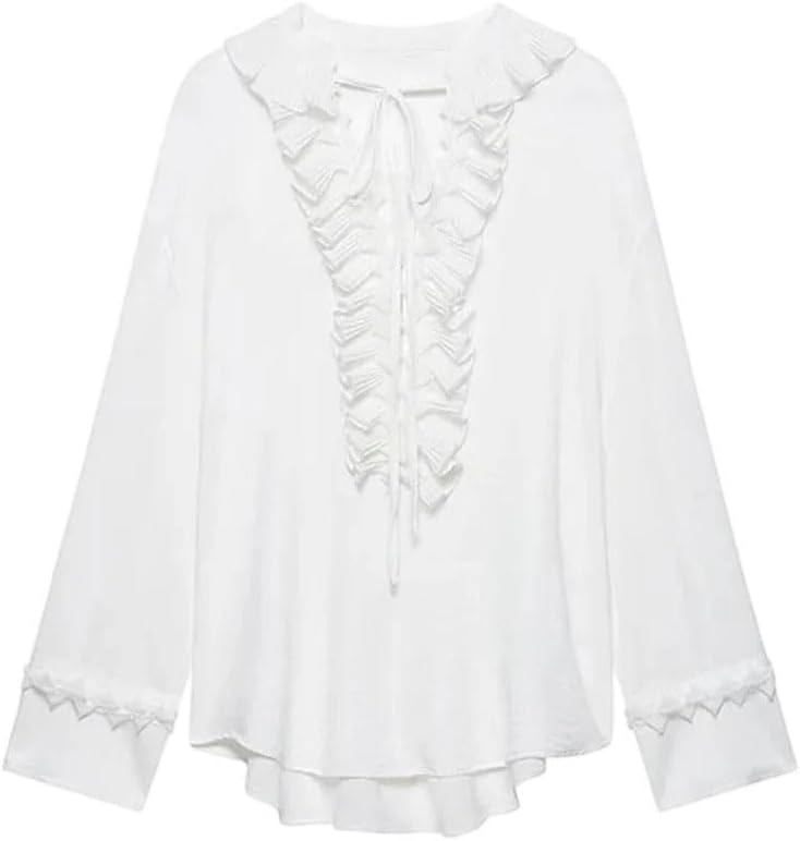 Women's Ruffled Bell Sleeve Chiffon V-Neck Tie Drawstring Shirt