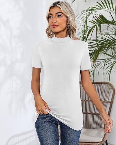 Ficerd 3 Pack Women's Mock Neck Shirts, Short Sleeve Turtleneck Tops Casual Comfy T Shirts Stretch Fitting Trendy Tee Blouse4