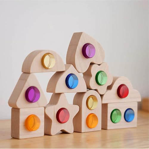 KOAICS 22PCS Wooden Colorful Acrylic Cylindrical Blocks Set, Acrylic Shape Inlay Toy Educational Light Shadow Construction Building Block Toy for Kids (22PCS Shape Inlay)