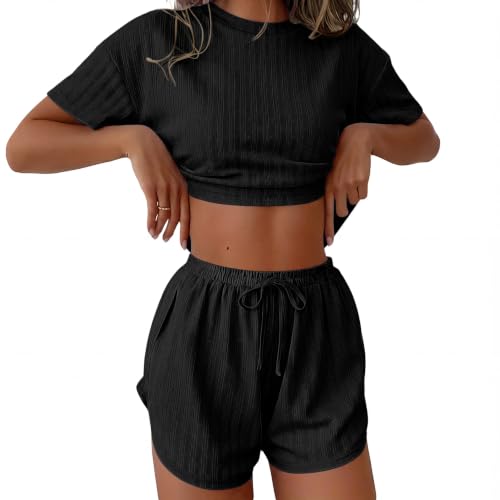 Ekouaer Womens Pointelle Pajama Sets 2 Piece Side Split Shorts Lounge Set