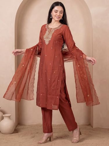 Image of INDO ERA Women's Silk Blend Paisley Embroidered Zari Work Kurta & Pant with Dupatta Set (IEBBAI389)