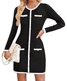 ZESICA Fall Dresses for Women 2025 Long Sleeve Button Color Block Knit Bodycon Short Sweater Dresses with Pockets,Black,Small