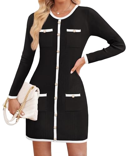 ZESICA Fall Dresses for Women 2025 Long Sleeve Button Color Block Knit Bodycon Short Sweater Dresses with Pockets