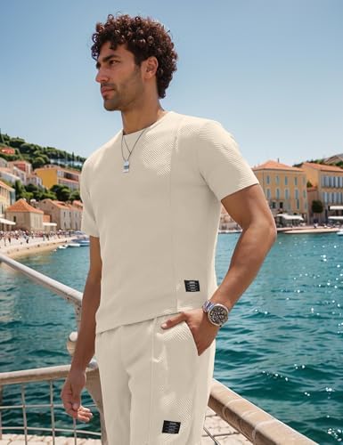 UOUA Mens Short Sets 2 Piece Summer Outfits Casual Short Sleeve Crew-Neck Shirts & Shorts Track Suit Jogging Loungewear, Beige L — view 3