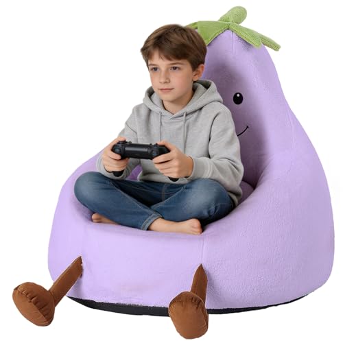 Image of 31 Inches Memory Foam Bean Bag Chair - Ultra Soft Faux Rabbit Fur Round Sofa with Handle & Machine Washable Cover, Eggplant-Shaped Kids Reading Chair for Bedroom, Living Room and Playroom, Purple