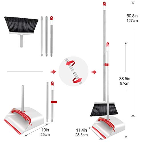 Mastertop Broom And Dustpan Set, Upright Standing Dust Pan Broom Combo With Long Handle For Home Kitchen Room Office Lobby Floor Use, Outdoor/Indoor Brooms, Red White #TOP6