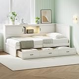 L-Shaped Bed Frame with Drawer and and Bookcase,Corner Bed Wooden Captain Bed with Led Downlight and USB Port for Small Room,Bedroom, Guest Room White (Full Size)