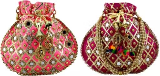 Embroidered Potli Bag with Mirror Work, Pink and Magenta, Pack of 2-picture-46