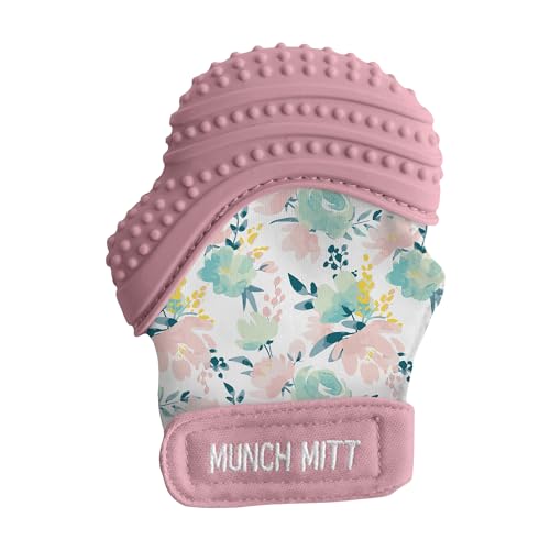 Image of Malarkey Kids Patented Teething Mitten, Munch Mitt Baby Chew Toy - Protects Hands from Chewing & Saliva, Heals Aching Gums, Promotes Sound & Visual Stimulation for Babies - Pink Floral