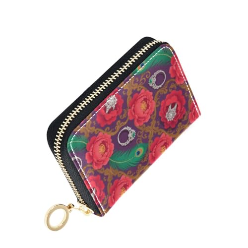 Women's Red Flowers Floral Peacock Feather Credit Card Holder Wallet Leather Zipper Card Case for Ladies Girls 20300578