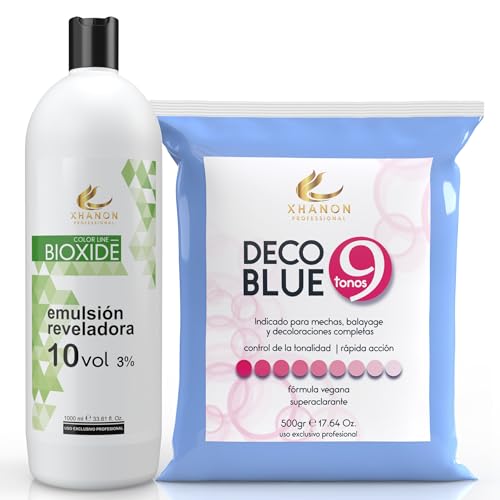 Pack Oxigenada en Crema 1000ml 10 Vol + Polvos Decolorantes de Cabello Azul 9 tonos 500gr | Fórmula Vegana | Superaclarante | Xhanon Professional