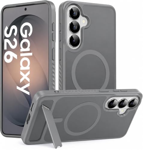 Image of Elzzi Magnetic Magsafe for Samsung Galaxy S26 Case [Compatible with MagSafe][Full Camera Protection][Built-in Invisible Kickstand] Translucent Matte Phone Back Cover-Grey