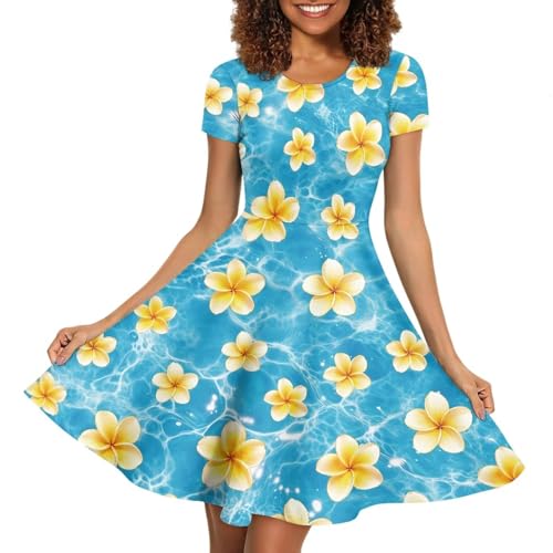 Image of HUGS IDEA Womens Puffy Swing Midi Dress Round Neck Short Sleeve Party A-Line Dresses