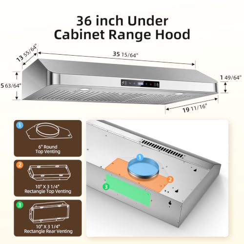 Image of 36 inch Under Cabinet Range Hood 800 CFM, Stainless Steel Vent Hood | Touch /Gesture /Remote Control, 3-Speed Fan, Ducted /Ductless Convertible, 15-min Delay Shutoff, Dishwasher-Safe Baffle Filter