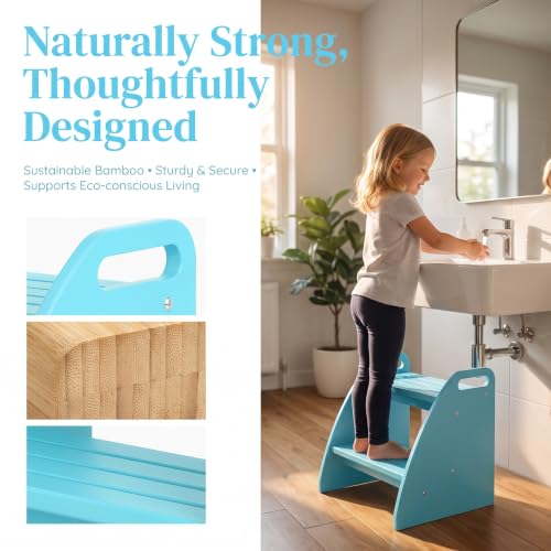 Image of Bamboo 2 Step Stool 300lbs Capacity, Wooden Two Step Stool with Non-Slip Handles, Heavy Duty Stepping Stool for Bedside High Beds Adults, Sturdy Small Bathroom Kitchen Blue Step Stool