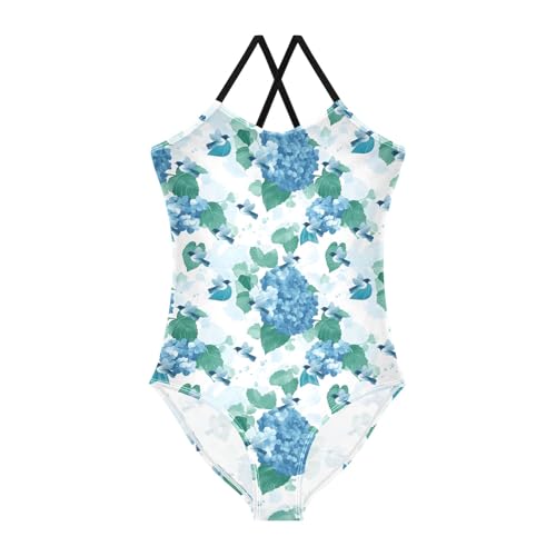 senya Girls Swimsuits One-Piece Swimwear Tie Bathing Suit Beach Summer Round Neck 5-6T Little Bird Hydrangea Flower Pattern