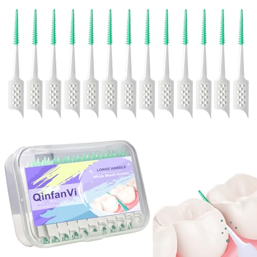 QinfanVi 200PCS Dual-Use Interdental Brushes,Soft Silicone Tooth Floss Picks, Floss Brushes Toothpicks for Clean Between Brushes, Dental Floss Picks for Braces Oral Cleaning (Green)