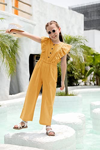 Gamisote Girls Wide Leg Jumpsuit Cotton Sleeveless Button Up Ruffle Overalls Yellow #TOP3