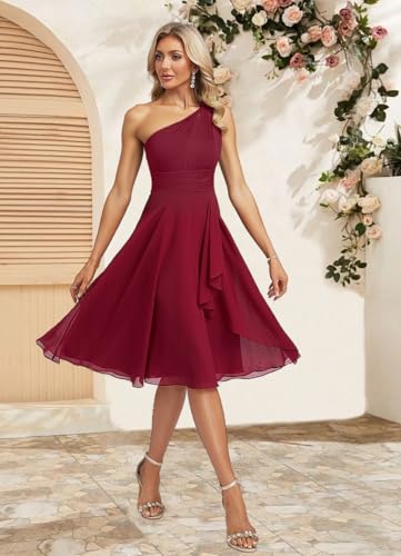 Short Bridesmaid Dresses for Women 2025 A Line Ruched Ruffles Chiffon One Shoulder Formal Dress with Pockets3