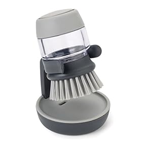 Joseph Joseph Palm Scrub Refillable Soap Dispensing Cleaning Washing Up Kitchen Brush with Storage Stand Holder, Grey