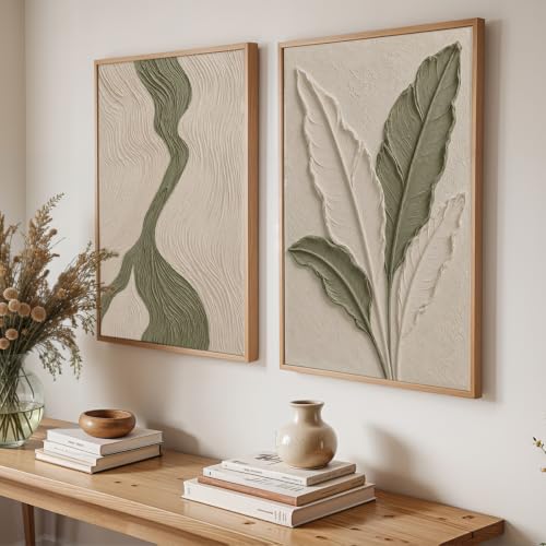 Image of NoWorries Textured Botanical Leaf Wall Painting Set of 2 with Frame | Sage Green & Beige Abstract Nature Artwork, Minimal Modern Wall Decor for Living Room, Bedroom, Office and Home Decoration (Art-1, 13x19inch)
