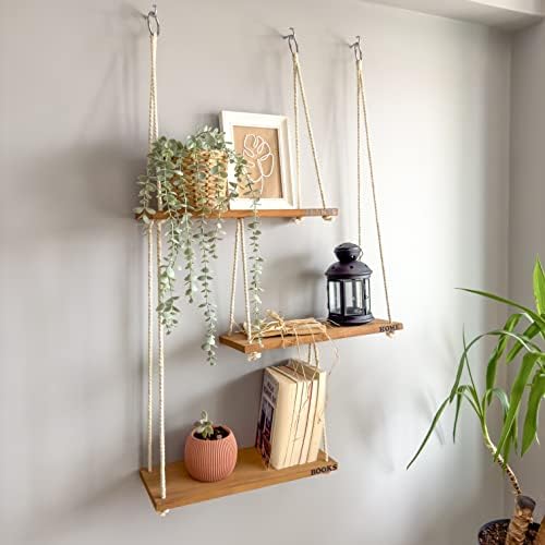 NWOOD Hanging Shelves for Wall with Customized Alphabet Stickers, Swing Floating Shelves, Wood Bookshelf, Rustic Boho Room Decor with Cotton Macrame Rope for Plants, Living Room, Bedroom and Kitchen