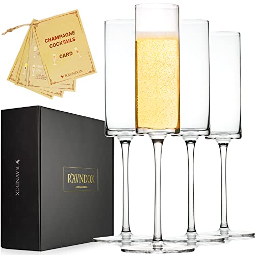 RAVNDOX Champagne Flutes, CG1, Square Champagne Crystal Glasses [Set of 4], Lead-free Glasses, Exquisite Craftsmanship, Modern & Elegant for Women, Men, Home, Bar for Wedding, Anniversary, Christmas