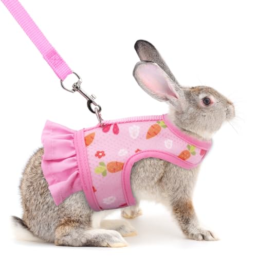 Hotlion Rabbit Harness and Leash Set Cute Breathable Bunny Leash and Harness Set Soft Mesh Vest Harness for Rabbits Hamster Clothes Kitten Ferret Guinea Pig Puppy Small Pets Walking Gear Pink S