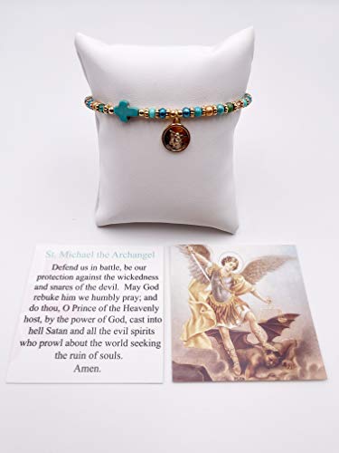 SIFRIMANIA Saint Michael Bead Adjustable Bracelet for Women, Protection Cross Religious Medal2
