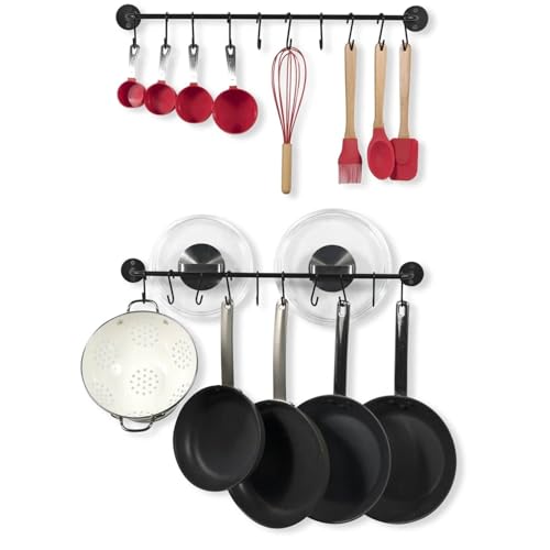 Set of 2 - Black Metal Wall Mounted Pot Rack with 20 Hanging Hooks New