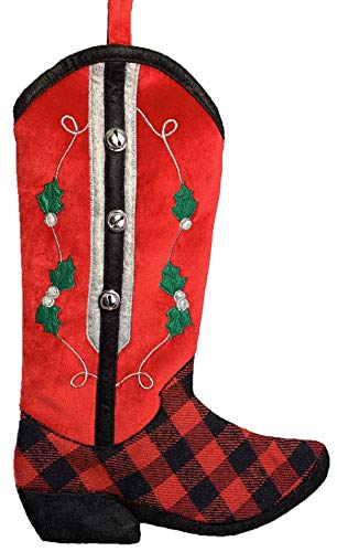 JWM Western Cowboy Boot Festive Plaid Holiday Stocking (Red)
