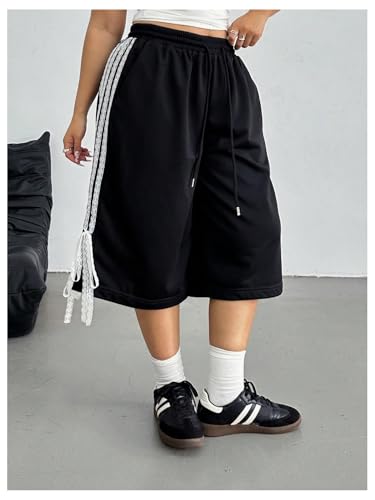 Verdusa Women's Plus Size Y2K Bow Lace Striped Capri Pants Drawstring Waist Wide Leg Cropped Pants3