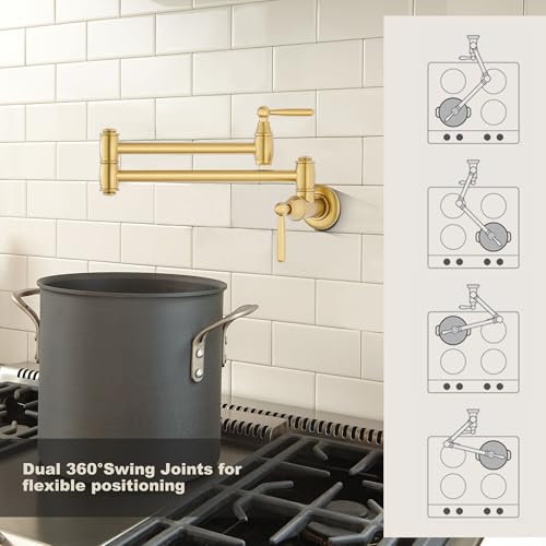 Gold Pot Filler Wall Mount, ARCORA Pot Filler Faucet 2 Handle with Double Joint Swing Arms Brass Stove Faucet by ARCORA - Used condition - Image 3