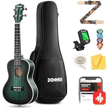 Donner Concert Ukulele Professional 23 Inch Mahogany Ukelele for Adult Beginner Ukele Bundle with Online Lesson Gig Bag Aquila String Pick Tuner Strap Cloth DUC-200B Drak Green