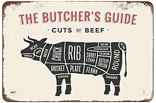 rayprint Butcher's Guide Cuts Beef Metal Tin Sign Vintage Iron Painting Funny Hanging Crafts For Office Bedroom Living Room Club Family Wall Decor 8x12 Inch