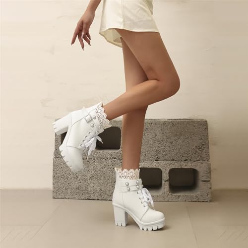 Image of FOREADA Goth Boots Chunky Heel Boot For Women Ankle Combat Booties Black Platform Bootie Buckle Rivets Punk Goth Shoes With Zipper