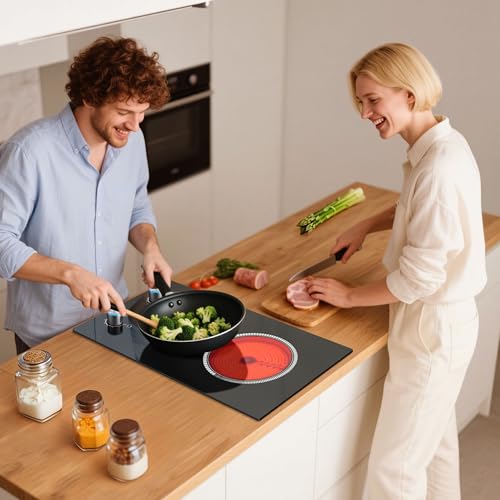 Image of 2 Burner Electric Cooktop, 12 Inch Electric Stove Top, 120V Stove Top Burner Knob Control, 2000W Countertop Stove with Timer, 9 Heating Levels, Overheat Protection, High-Temp Alarm Pladeca