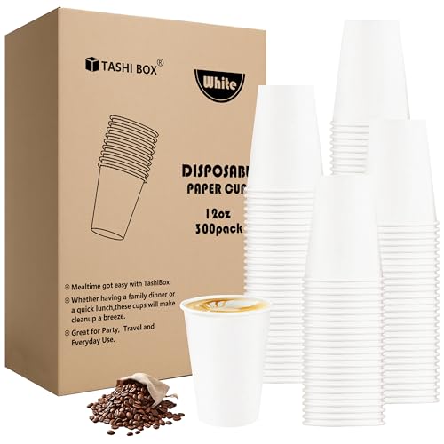 TashiBox 300 Count 12 oz Disposable Paper Coffee Cups - White Paper Cups for Party, Office, Cafes - Perfect for Cold and Hot Drinks