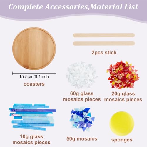 WEBEEDY DIY Mosaic Craft Kit Flower Bamboo Coasters Kits for Adults Beginner, Blue Style Glass Mosaic Tiles with Round Coaster Base for Handmade Coaster Home Decor Gift, 6.1",NO Caulk/Glue