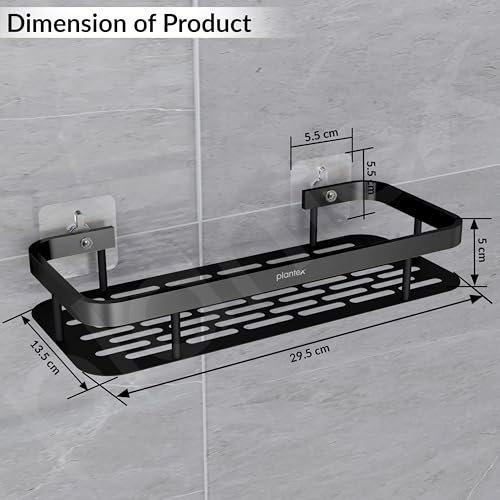 Image of Plantex Self Adhesive Bathroom Shelf /Bathroom Organiser Without Drill /Stainless Steel Bathroom Shelf Rack with Aluminium Railing /Kitchen Stand-Pack of 1(12x5 inch, Black)