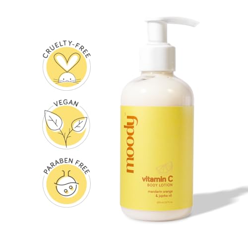 Image of Moody Vitamin C Daily Moisturising Body Lotion Serum with Niacinamide, Mandarin Orange & Jojoba Oil | Body Lotion for Glowing Skin | Deep Nourishing BodyLotion for Men & Women | Reduces Tan & Dryness | 200ml