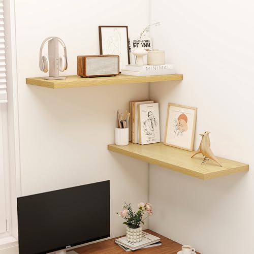 Image of Dreamland 36 inch Floating Shelves for Wall, 12 inch Deep Slim Oak Floating Shelves, Wall-Mounted Shelves for Bedroom, Living Room, Kitchen, Bathroom - Set of 2