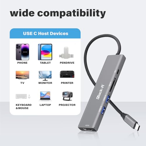 Image of Black-R 6-in-1 USB C Hub Docking Station, 4K HDMI, 100W Power Delivery, 5Gbps Dual USB 3.0 Ports, TF /Micro SD Card Reader, Aluminium Multiport Adapter for Laptop /MacBook /Windows /Linux