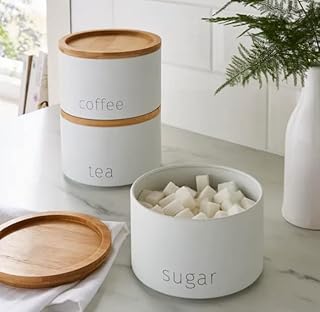 Bloomingtons Direct Stackable Kitchen Storage Canisters, 3pk Tea, Coffee, Sugar Metal Stacking Canisters Tins Set, Matte Finish Wooden Airtight Lids Storage Jars