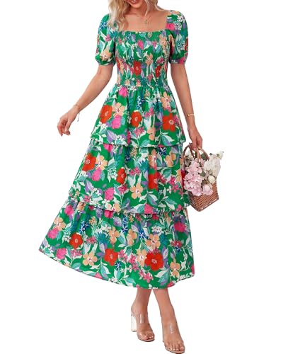 Image of BTFBM Womens Floral Smocked Summer Maxi Dresses | Square Neck Puff Short Sleeve Ruffle Tiered, 2026 Trendy Casual Sundress, Cruise Holiday Beach Vacation Wedding Guest Dress