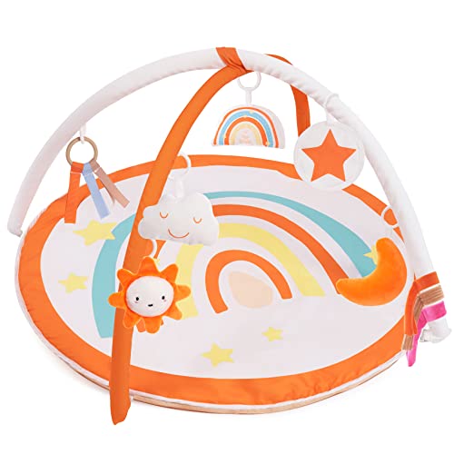Image of Baby Gym and Infant Play Mat Rainbow Design for Newborn Stage-Based Developmental Activity Gym for Babies to Toddlers with 7 Toys Infant Mirror Tummy Time Mat Bright Orange little dove
