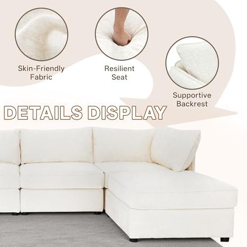 Image of 95.5 inch Chenille Modular Sectional Sofa Bed Hidden Storage, Convertible L U Shaped Sleeper Couch, 6 Seat Modern Modular Sectional Sofa with Removable Covers & Ottoman Chaise, for Living Room, Beige