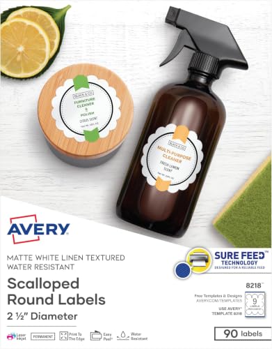 Image of Avery Scallop 2.5 Inch Round Labels with Sure Feed for Laser & Inkjet Printers, 90 White Labels (8218) (Pack of 5)
