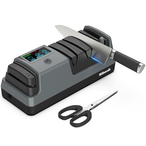 WILAWELS Electric Knife Sharpener, 5-in-1, 3 Rotational Speed Adjustable Electric Knife Sharpener for Straight/Serrated/Ceramic Knives, Scissors, Chef Knives, Axes, Gray H01KS06 by WILAWELS - Used condition - US$29.99